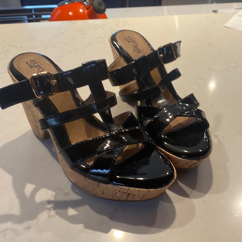 Black patent leather sandals/ wedges by Euro Sofft. Size 8